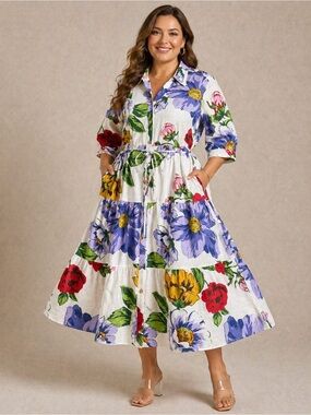 Mlle Gabrielle White Midi Dress with Blue, Red, Yellow & Green Floral Print